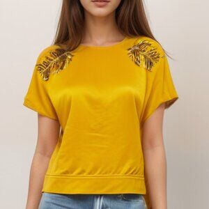 Violeta by Mango Embellished Short Sleeve Cotton Top Size S